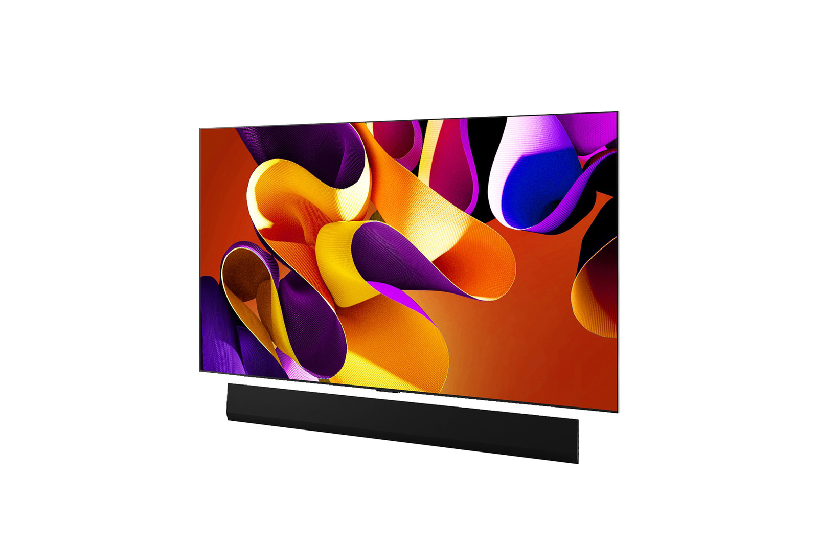 Slightly-angled left-facing side view of LG OLED evo TV, OLED G4 on the wall