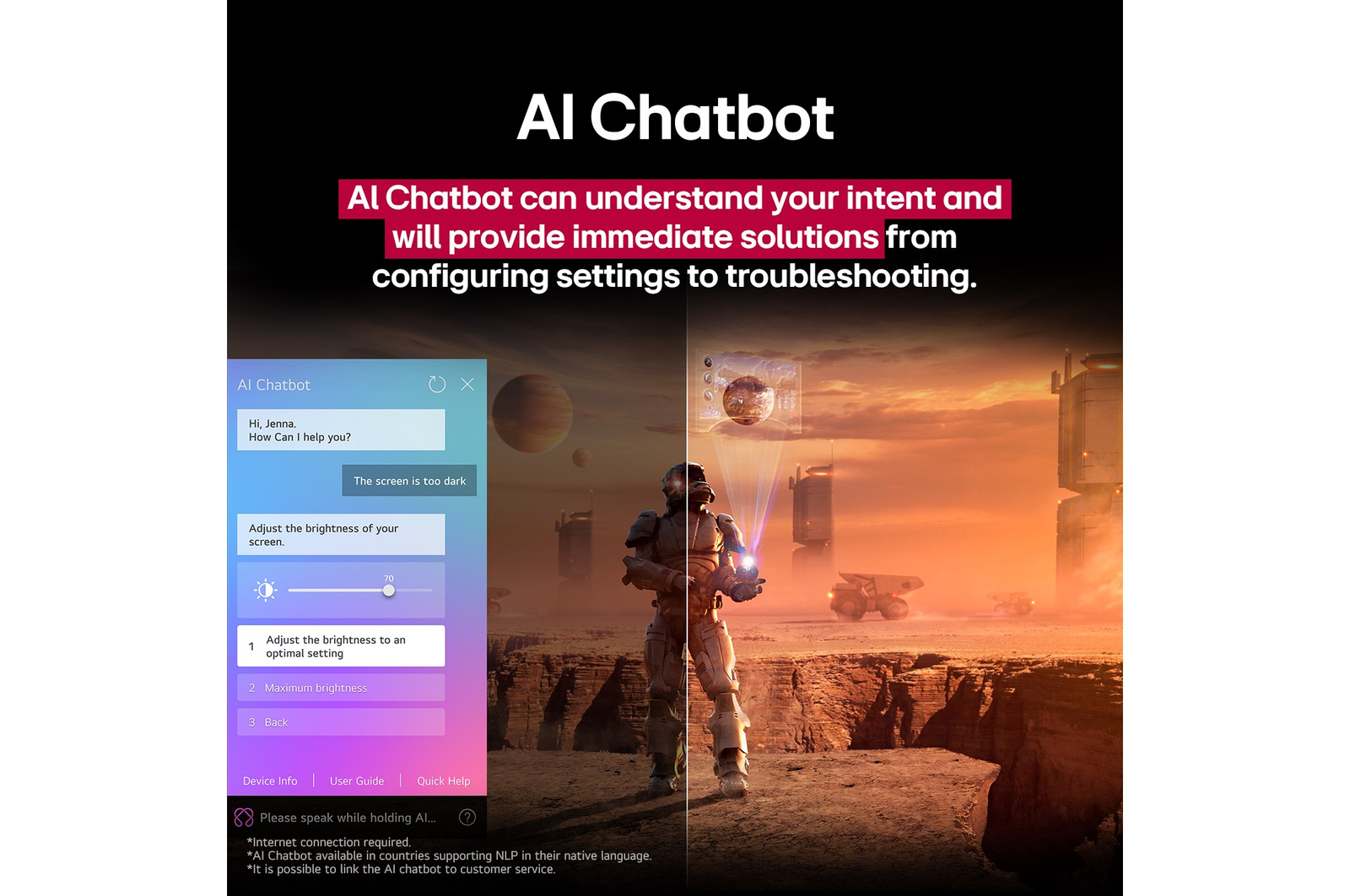 Close-up of an LG OLED TV screen showing how AI Search works. A small chat window is open showing how the user asked for what sports games are available. AI search responded via chat and by showing thumbnails of available content. There is also a prompt to ask Microsoft Copilot. 