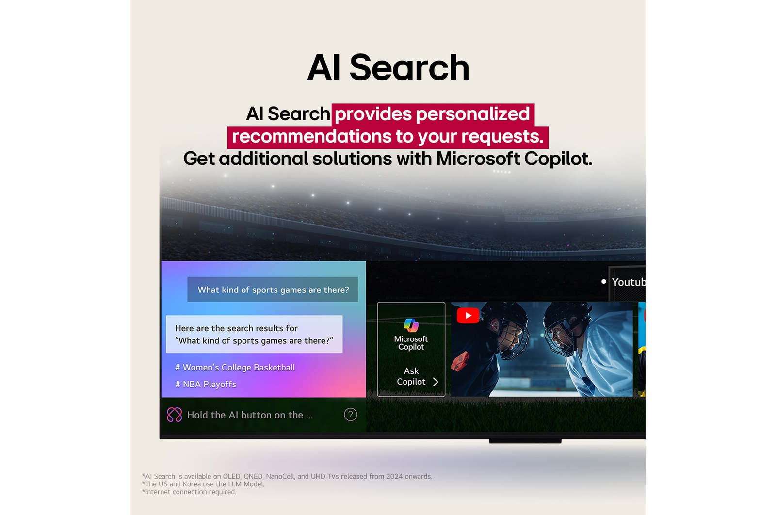 Close-up of an LG OLED TV screen showing how AI Search works. A small chat window is open showing how the user asked for what sports games are available. AI search responded via chat and by showing thumbnails of available content. There is also a prompt to ask Microsoft Copilot.
