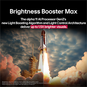 A space shuttle launching from the ground. The scene is split in the middle with one half slightly darker and duller. The other half shows how the rocket blast is remarkably bright, demonstrating how bright visuals can be on an LG OLED TV screen with the light emitting structure and lighting control architecture of Brightness Booster Ultimate.