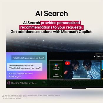 Close-up of an LG OLED TV screen showing how AI Search works. A small chat window is open showing how the user asked for what sports games are available. AI search responded via chat and by showing thumbnails of available content. There is also a prompt to ask Microsoft Copilot. 
