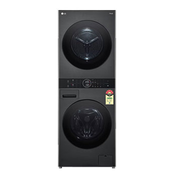 Front view of LG 13 kg (Wash) / 10 kg (Dry) WashTower™ with AI Direct Drive™, Dual Inverter Heat Pump™, Platinum Black, 5 Star FWT1310PB