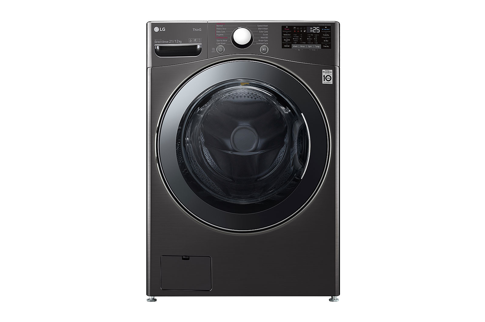 Front view of LG 21 kg (Wash) / 12 kg (Dry) Washer Dryer with Inverter Direct Drive™, Steam Wash, Black VCM FHD2112STB