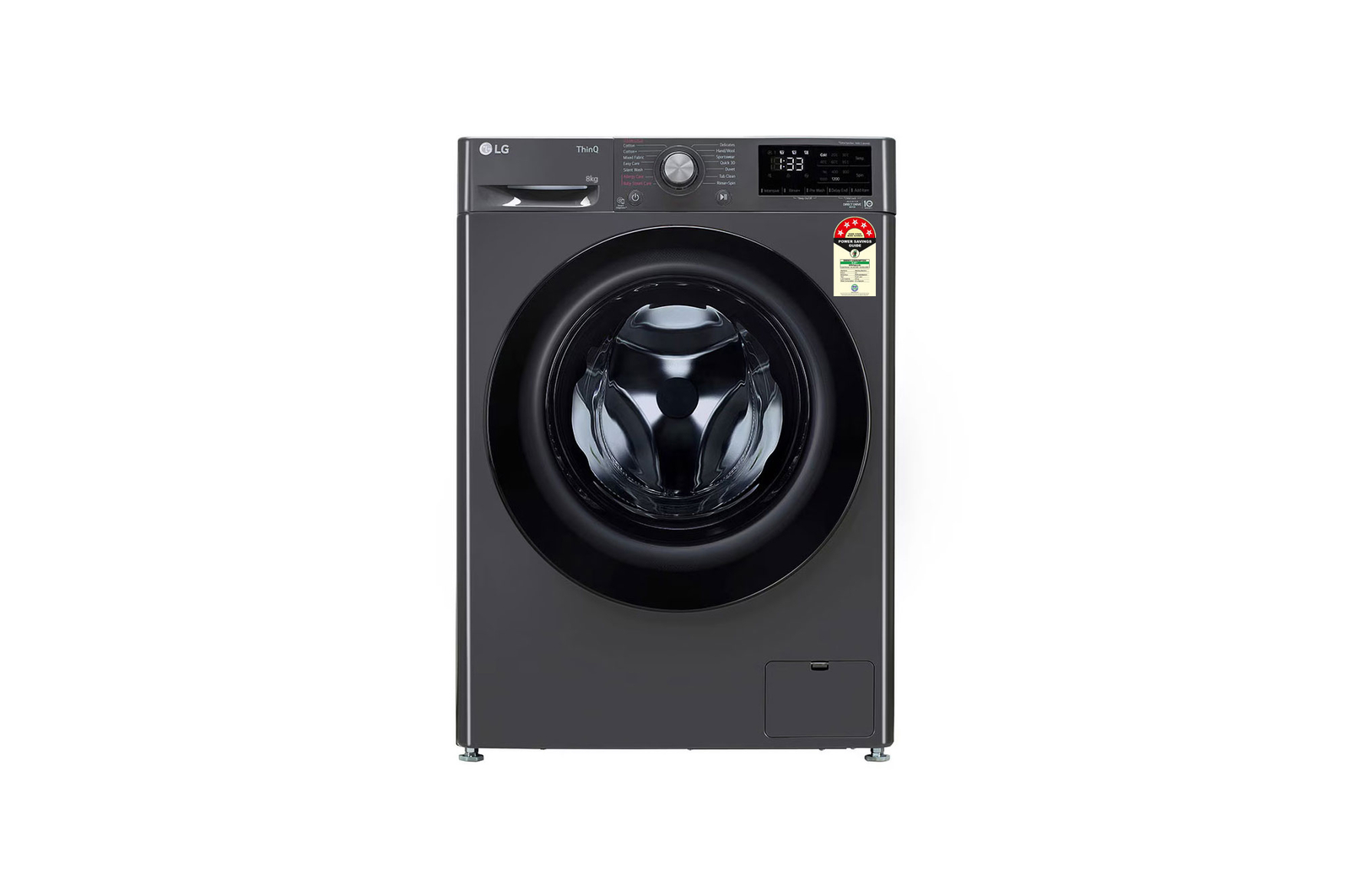 Front view of LG 8 kg Front Load Washing Machine with AI Direct Drive™, Steam Wash, Middle Black, 5 Star FHP1208Z5M