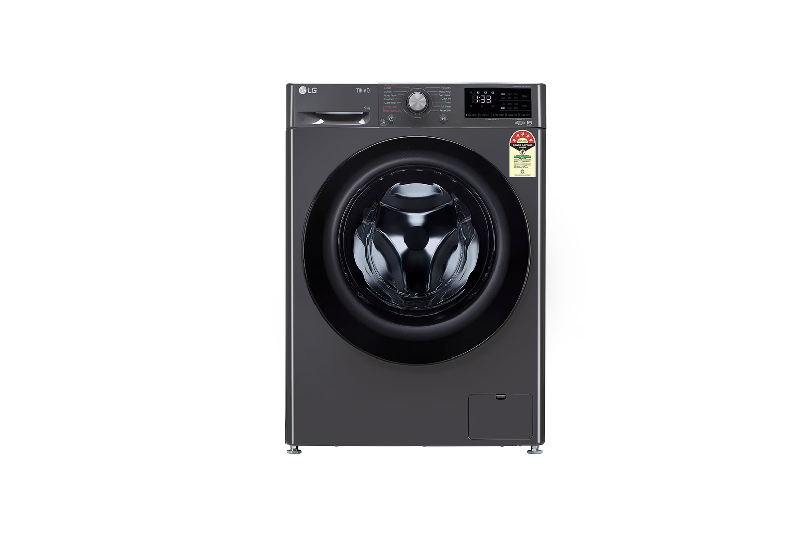 Front view of LG 9 kg Front Load Washing Machine with AI Direct Drive™, Steam Wash, Middle Black, 5 Star FHP1209Z5M