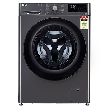 Front view of LG 9 kg Front Load Washing Machine with AI Direct Drive™, Steam Wash, Middle Black, 5 Star FHP1209Z5M