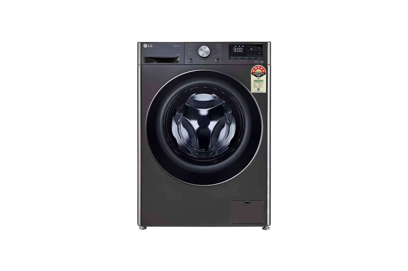 Front view of LG 9 Kg Front Load Washing Machine, AI Direct Drive™, Steam+, Black VCM, 5 Star FHP1209Z9B