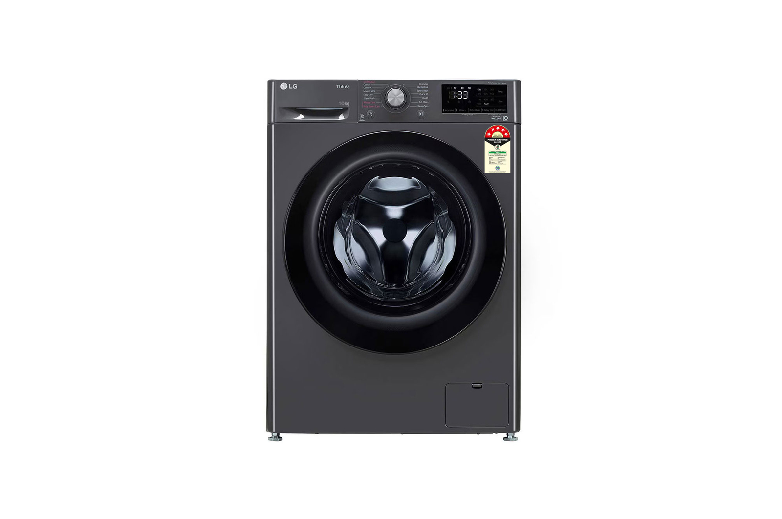 Front view of LG 10 Kg Front Load Washing Machine, AI Direct Drive™, Direct Drive Motor, Middle Black, 5 Star FHP1410Z5M
