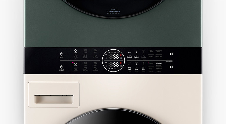 LG FWT1310BG Large view of the LG Objet WashTower center panel. A few buttons are on.
