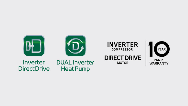 LG FWT1310BG There is an Inverter Direct Drive logo and a 10-year warranty logo.