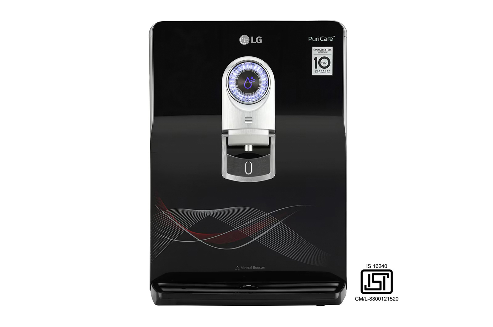Front view of LG 8L RO+UV+UF+Mineral Booster Water Purifier with Steel Tank, Black WW184EPB