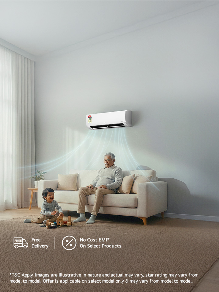 An elderly man in a living room, enjoying cooling from an LG AC with Diet Mode+ that helps reduce power consumption.