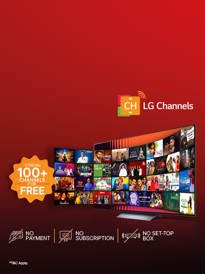 LG Channel banner with stream 100+ free live channels on your LG Smart TV with no need of additional payment, subscription.