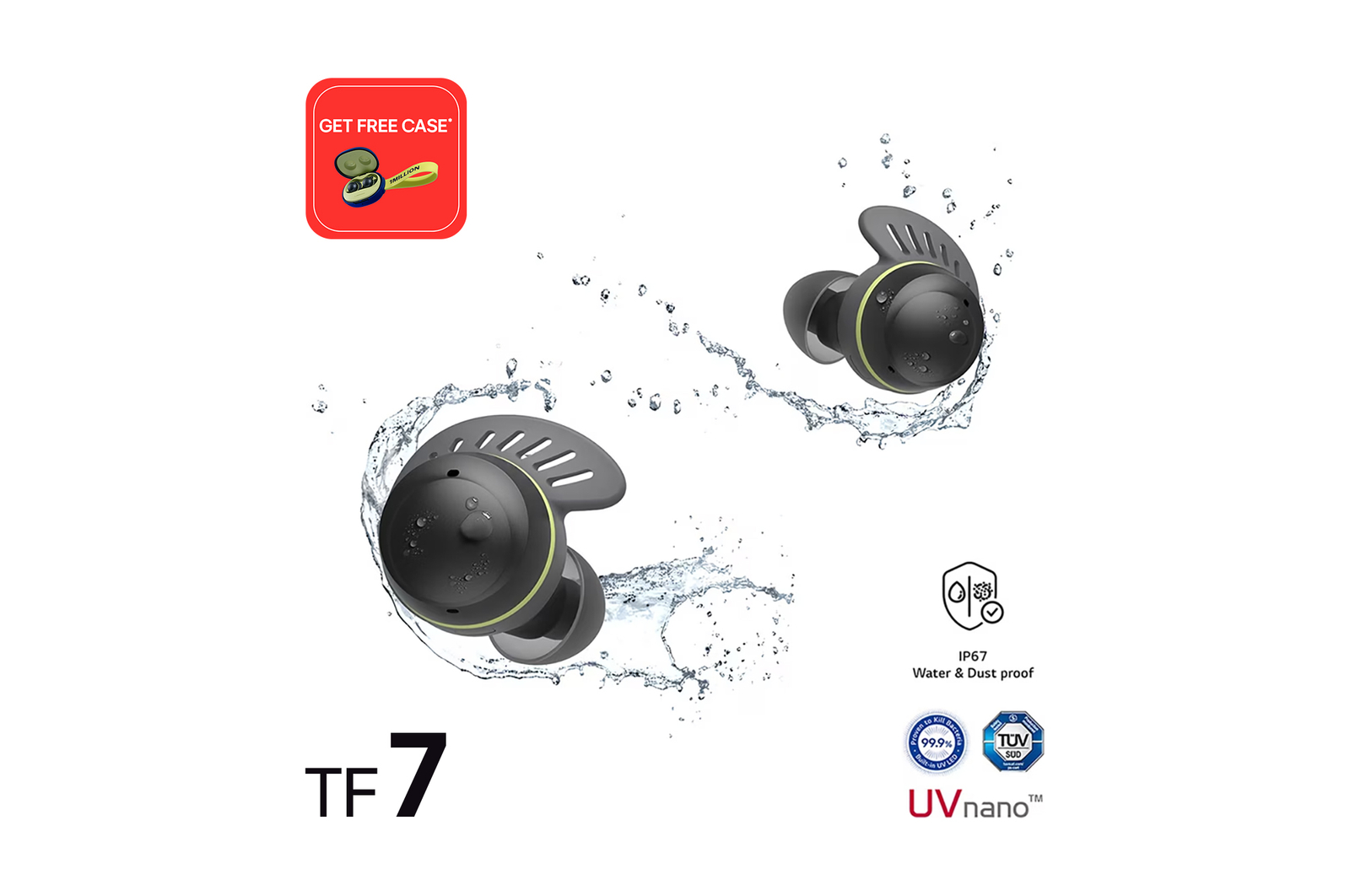 Front view of LG TONE Free fit TF7, UV Earbuds, IP67 Waterproof, Active Noise Cancellation TONE-TF7Q