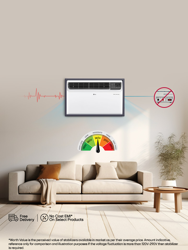 LG window air conditioner mounted on wall with stabilizer-free operation, sleek white design and clean installation without extra device