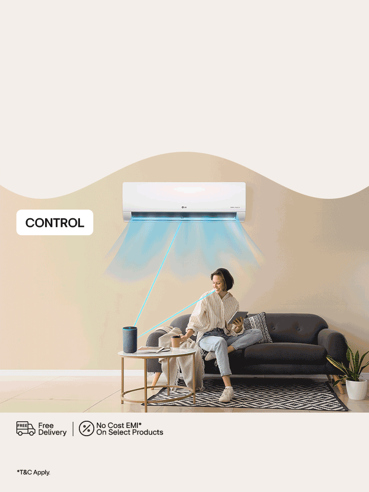 LG window air conditioner mounted on wall with stabilizer-free operation, sleek white design and clean installation without extra device