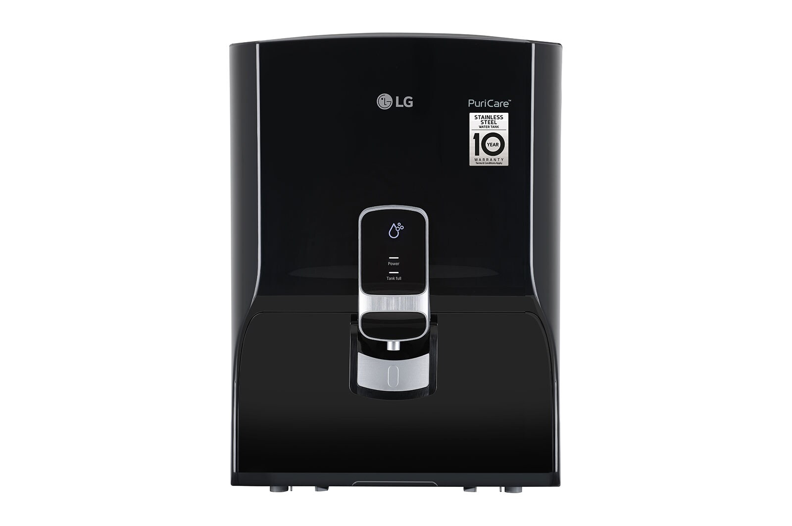Front view of LG 8L RO+Mineral Booster Water Purifier with Steel Tank, Black WW140NP