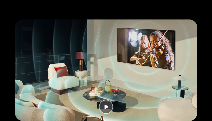 An LG OLED TV in a modern apartment. A grid overlay appears over the image like a scan of the space, and then blue soundwaves project from the screen, perfectly filling the room with sound.
