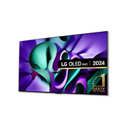 Left-facing side view of LG OLED TV, OLED M4 SIGNATURE on a stand, and a Zero Connect Box placed below the TV