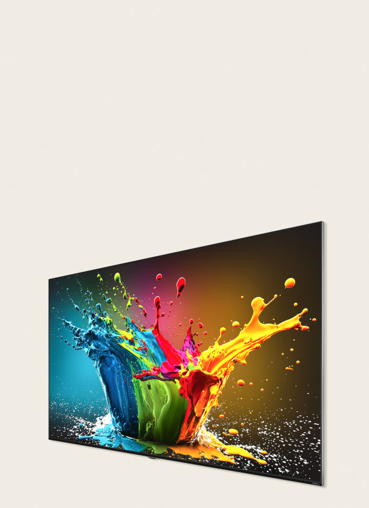 LG QNED MiniLED QNED99 screen featuring a colorful artwork.	