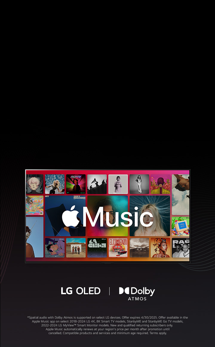 A grid layout of albums with the Apple Music logo overlayed, with LG OLED and Dolby Atmos Logo below.	