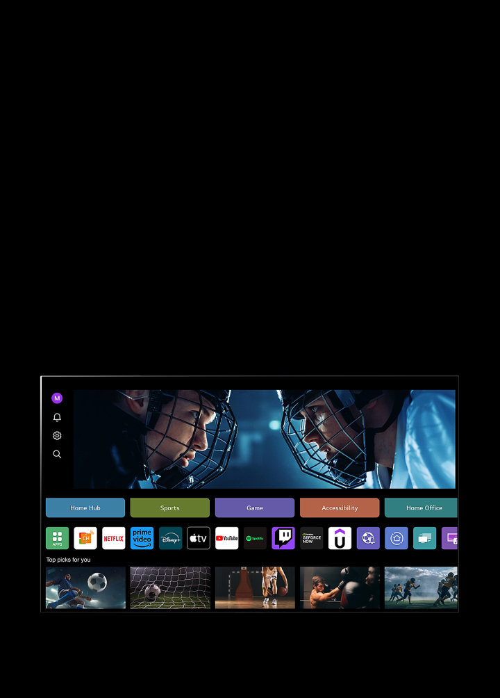 An LG TV screen shows the My Profile display. In the top third, a banner for Tangible Wonders. Below the banner, the following buttons are displayed: Home Hub, Sports, Game, Accessibility, Home Office. Below the buttons, the following logos are displayed: LG Channels, Netflix, Prime Video, Disney+, Apple TV, YouTube, Spotify, Twitch, GeForce Now, and Udemy. Below the logos, 5 movie thumbnails are displayed under the text "Top picks for you".