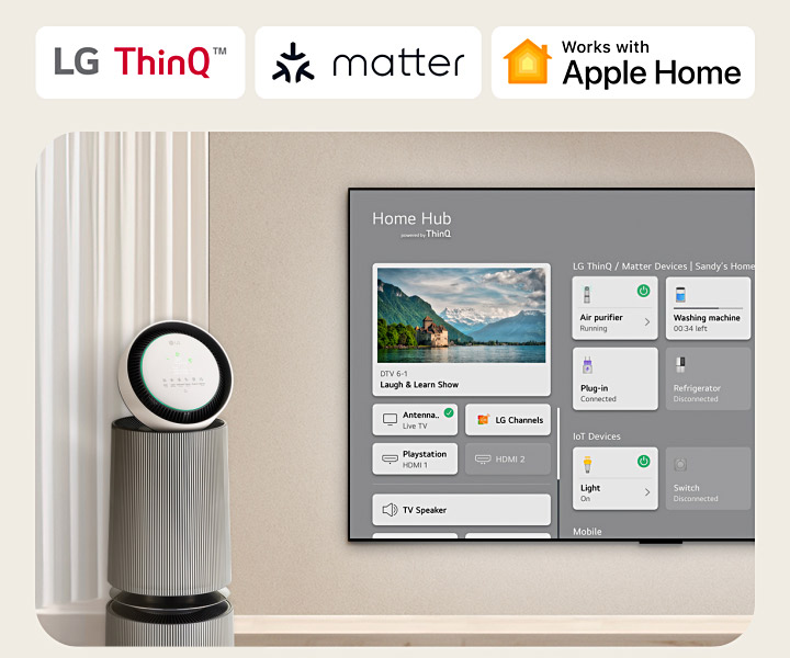A logo of LG ThinQ™, matter, and Apple Home. An LG TV mounted on a wall and an LG PuriCare™ Objet Collection 360° on the left. The TV displays Home Hub and a cursor clicks "Air purifier" and the LG PuriCare™ Objet Collection 360° is activated.
