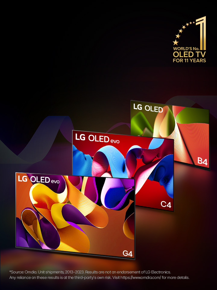 LG OLED evo TV C4, evo G4, and B4 standing in a line against a black backdrop with subtle swirls of color. The "World's number 1 OLED TV for 11 Years" emblem is in the image. A disclaimer reads: "Source: Omdia. Unit shipments, 2013 to 2023. Results are not an endorsement of LG Electronics. Any reliance on these results is at the third party’s own risk. Visit https://www.omdia.com/ for more details."