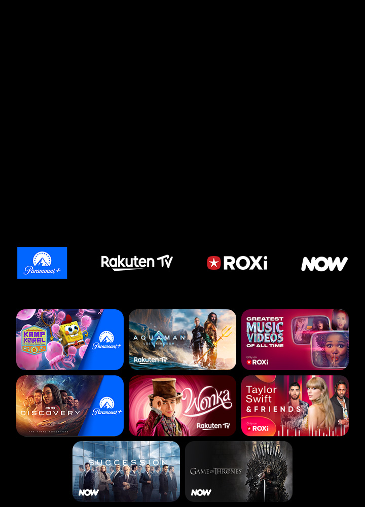 The Paramount+, Rakuten TV, ROXi, and Now logos appear in a row. Below them, there are posters for exclusive TV series and movies.