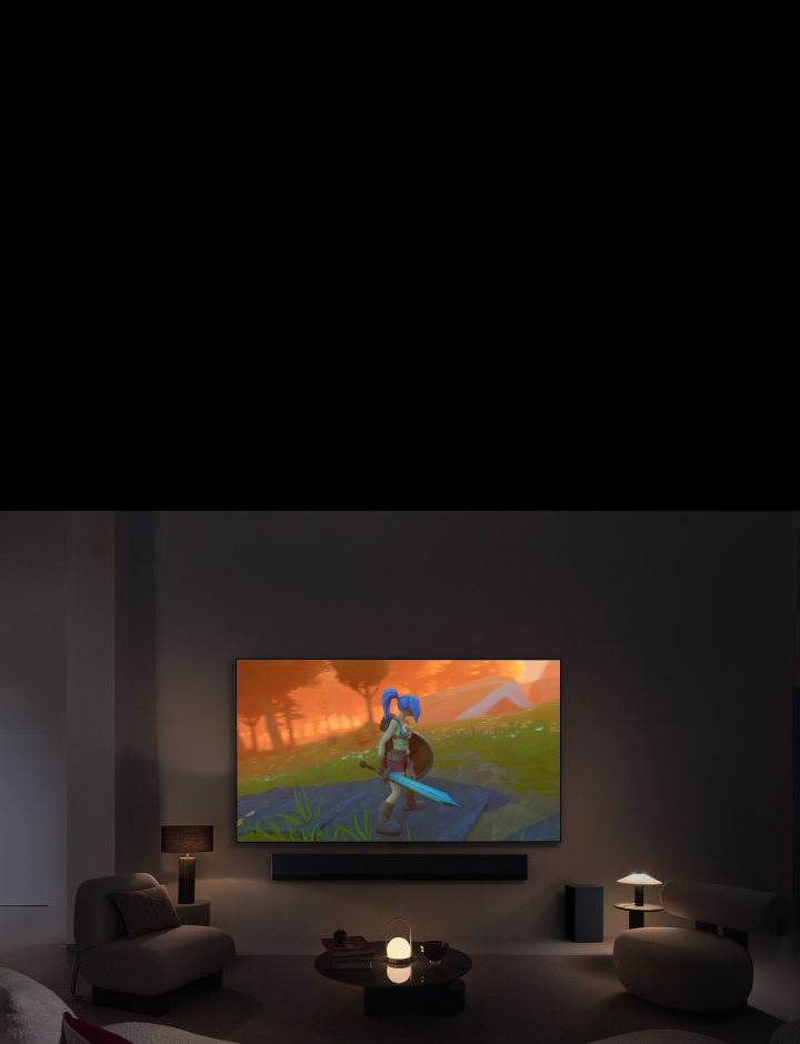 A video opens with a couple doing yoga. The scene changes to a man cooking and then a character running through the wilderness in an RPG game. The scene pans out to show all these things happening on a wall-mounted LG TV in a cozy living space.