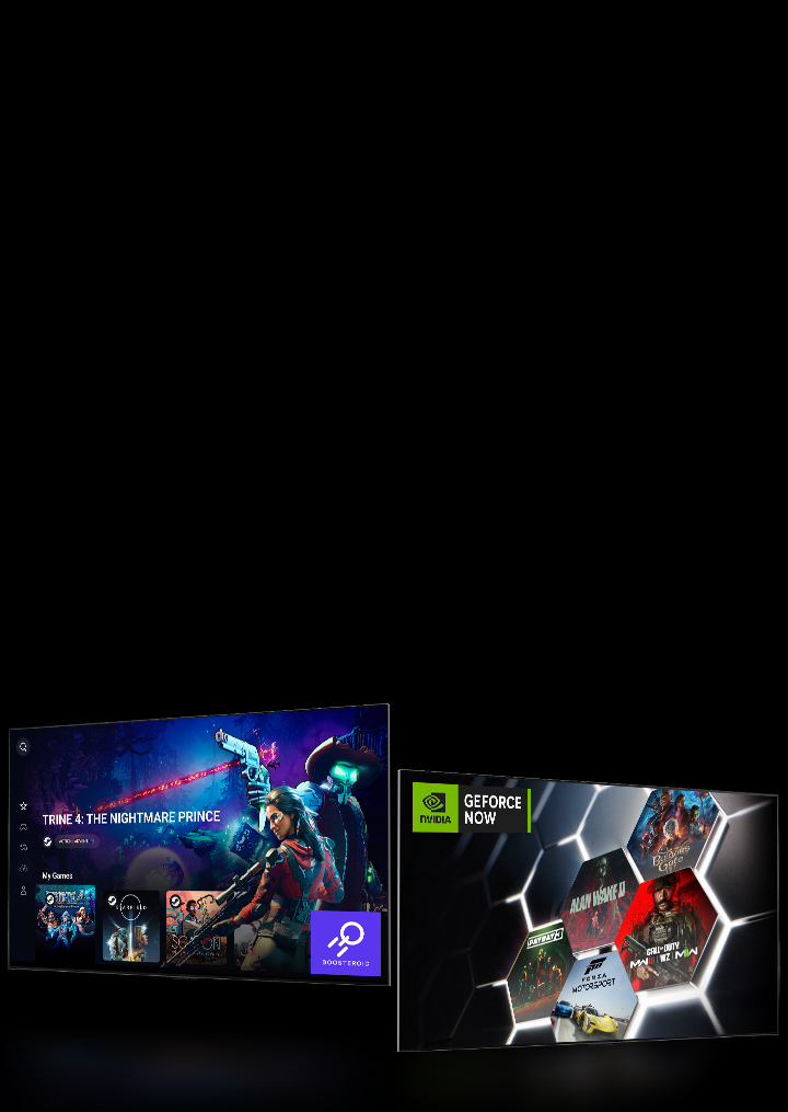 Two TV screens are side-by-side. One shows the Boosteroid home screen and one shows the GeForce NOW home screen.