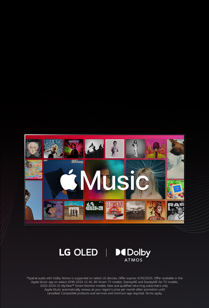 A grid layout of albums with the Apple Music logo overlayed.