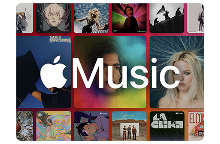 The Apple Music interface shows updated playlists and personalized picks with the Dolby Atmos logo below it.
