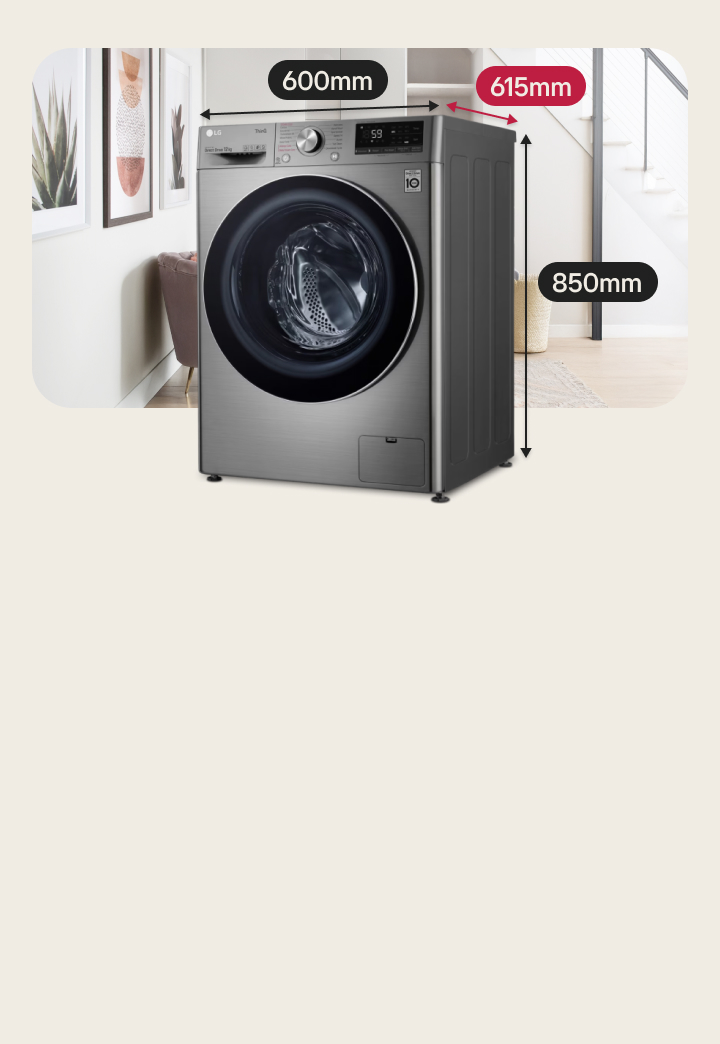 LG large capacity washing machine in silver with 615mm depth and generous drum size.