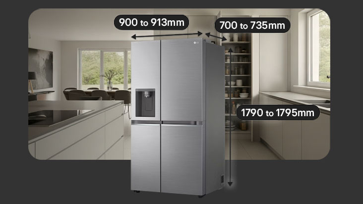 Large-capacity LG American-style fridge freezer in a spacious kitchen. Behind it, a pantry with dishes is on the right, an induction hob on the left, and a dining table in the back.