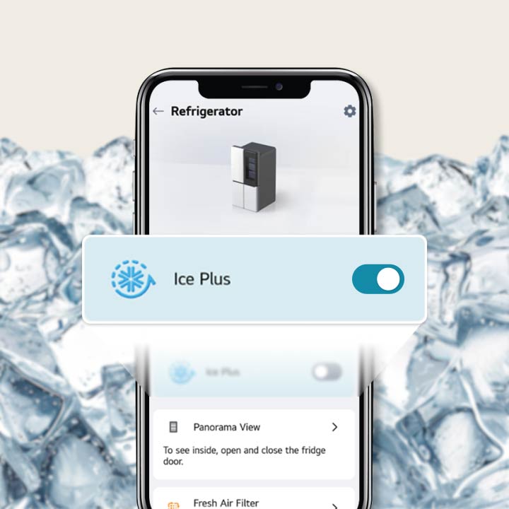 LG ThinQ app screen showing Ice Plus control with ice cubes in the background	