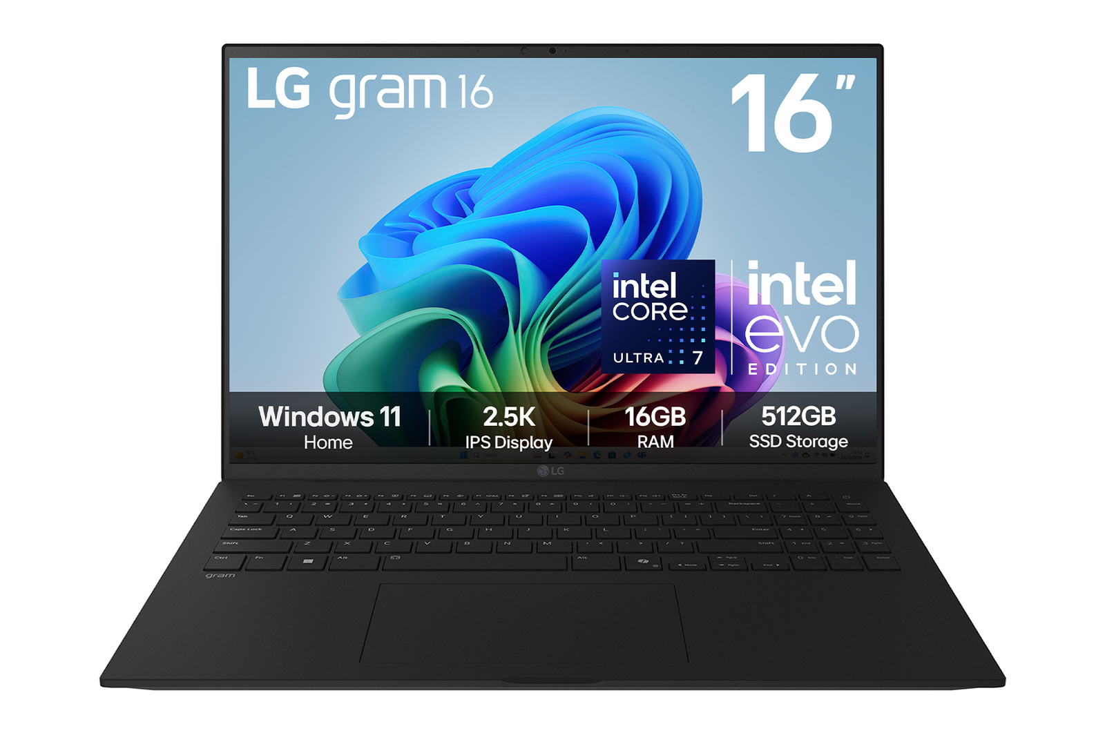 Front view of 16" LG gram AI, Copilot+ PC, Windows 11 Home, Intel® Lunar Lake Processor, Black 16Z90TL-G.AU75A1