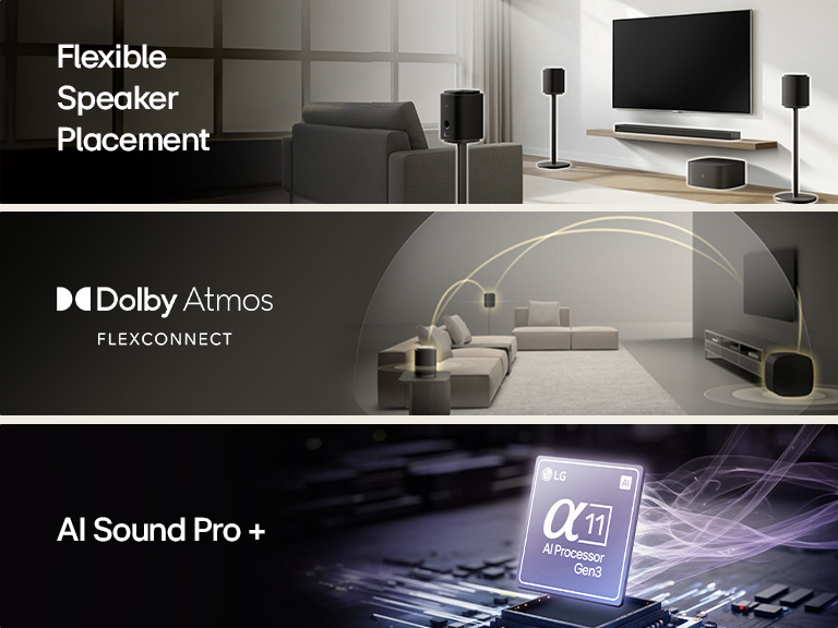 1) LG Sound Suite placed in a living room, demonstrating flexible speaker placement for an immersive home sound system 2) LG Sound Suite with Dolby Atmos FlexConnect technology detects each speaker’s location to optimize surround sound systems 3) Close-up of LG Alpha 11 AI Processor Gen3 glowing to represent AI Sound Pro+ technology