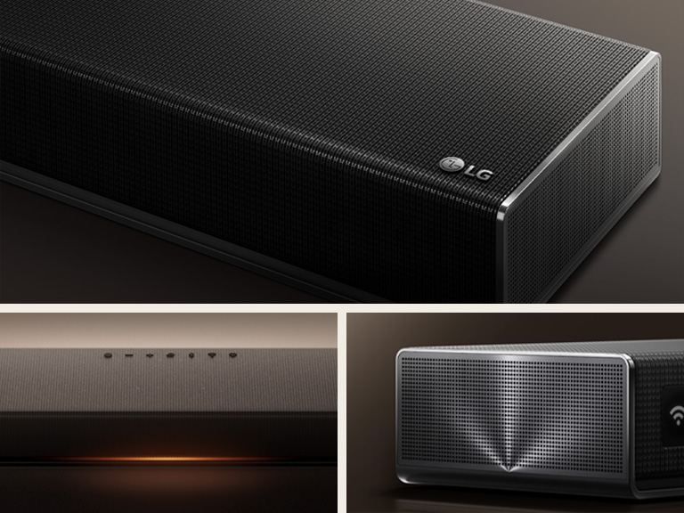 1) LG Sound Suite placed in a living room, demonstrating flexible speaker placement for an immersive home sound system 2) LG Sound Suite with Dolby Atmos FlexConnect technology detects each speaker’s location to optimize surround sound systems 3) Close-up of the LG Sound Suite W7 woofer with its driver showing deep bass performance down to 29.5 Hz