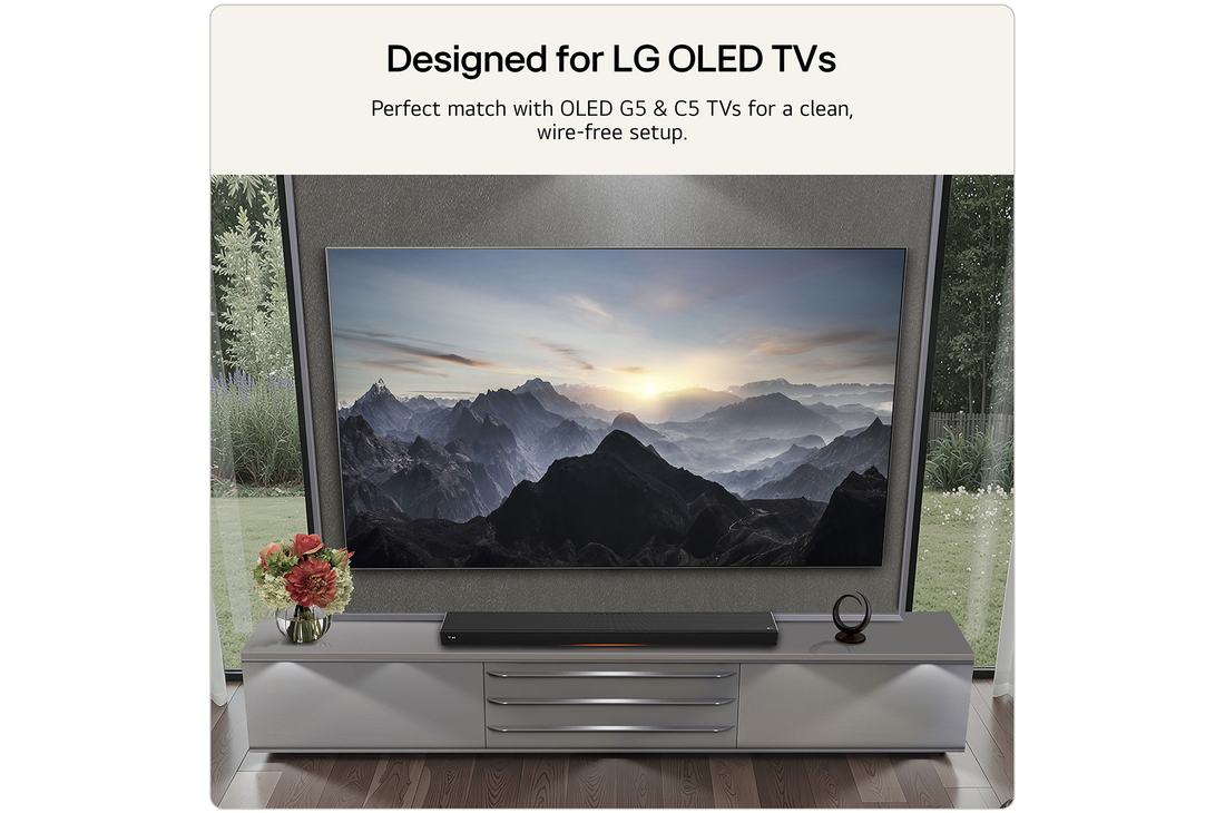 Feature card Designed for LG OLED TVs - showing a lifestyle image with OLED G5 or C5 TVs with the H7 wire-free setup