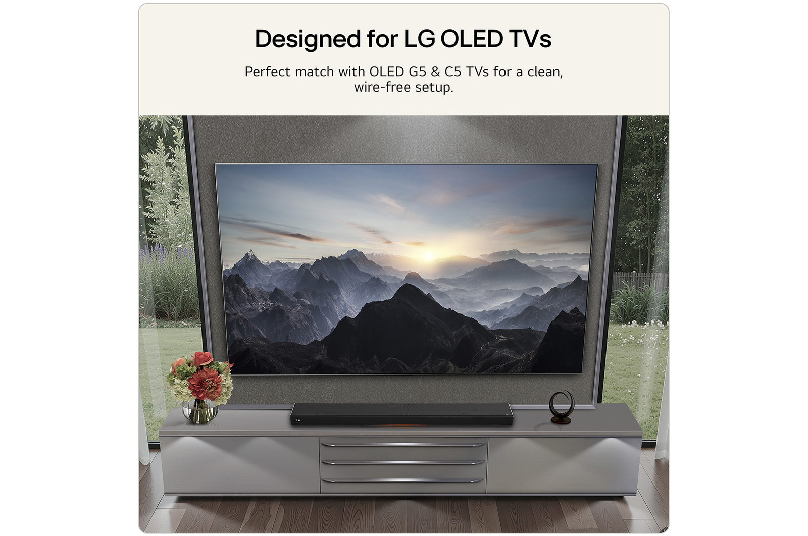 Feature card Designed for LG OLED TVs - showing a lifestyle image with OLED G5 or C5 TVs with the H7 wire-free setup