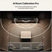 Feature card AI Room Calibration Pro  with wave audio coming out from the H7 as an illustration of how it works by scanning the area
