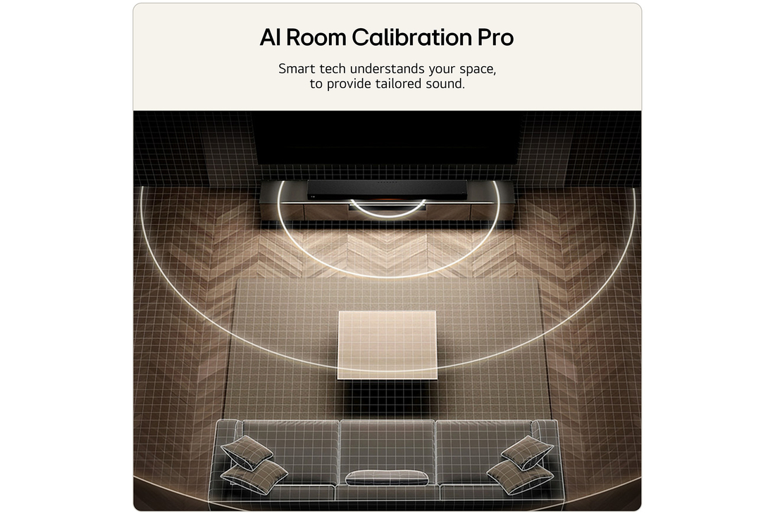 Feature card AI Room Calibration Pro with wave audio coming out from the H7 as an illustration of how it works by scanning the area