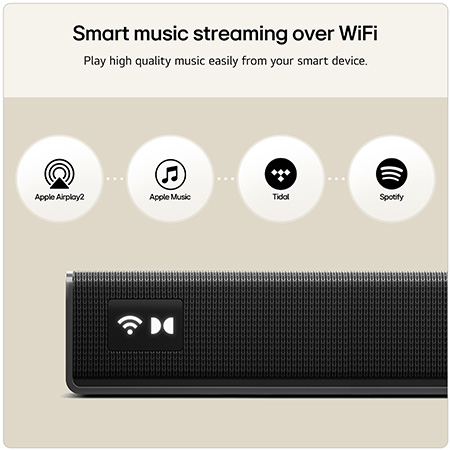 Feature card Smart music streaming over Wifi - highlighting that the device is compatible with Apple AirPlay 2 Apple Music Tidal and Spotify