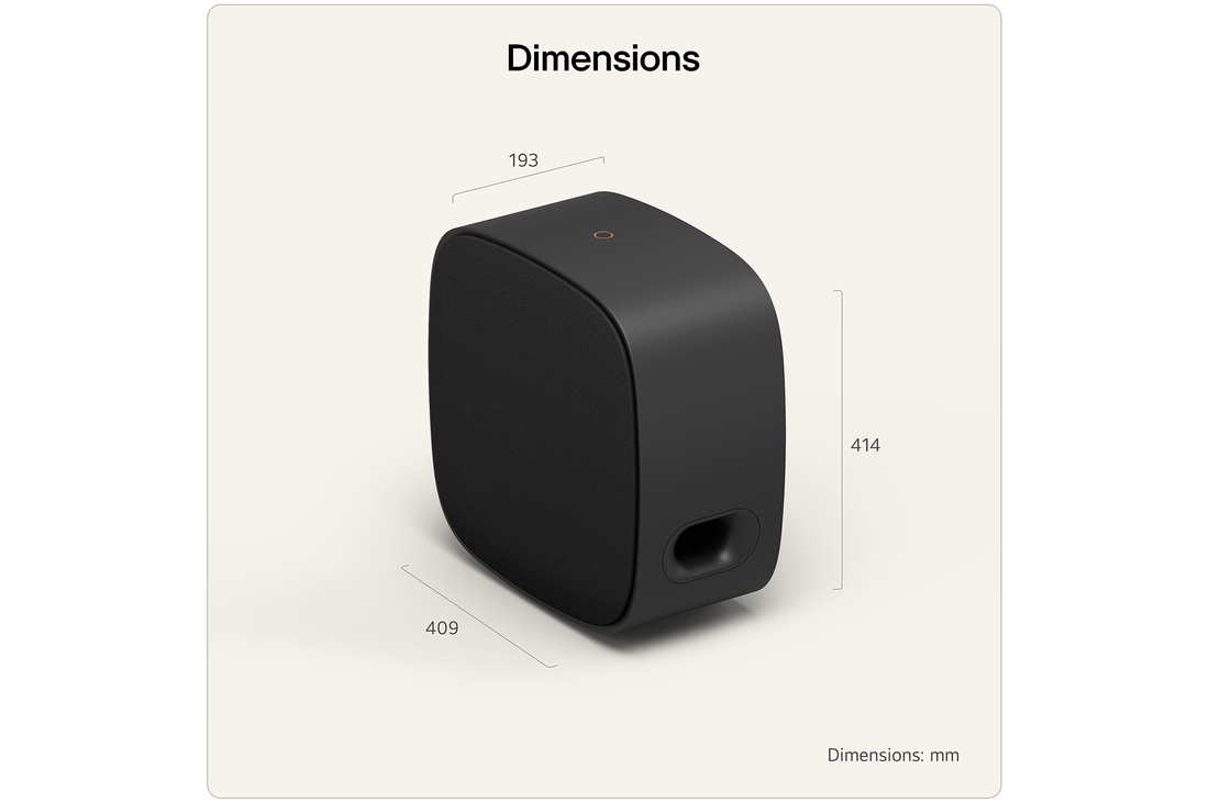 top close-up of the sound suite W7 showing the dimensions of the product on a beige background