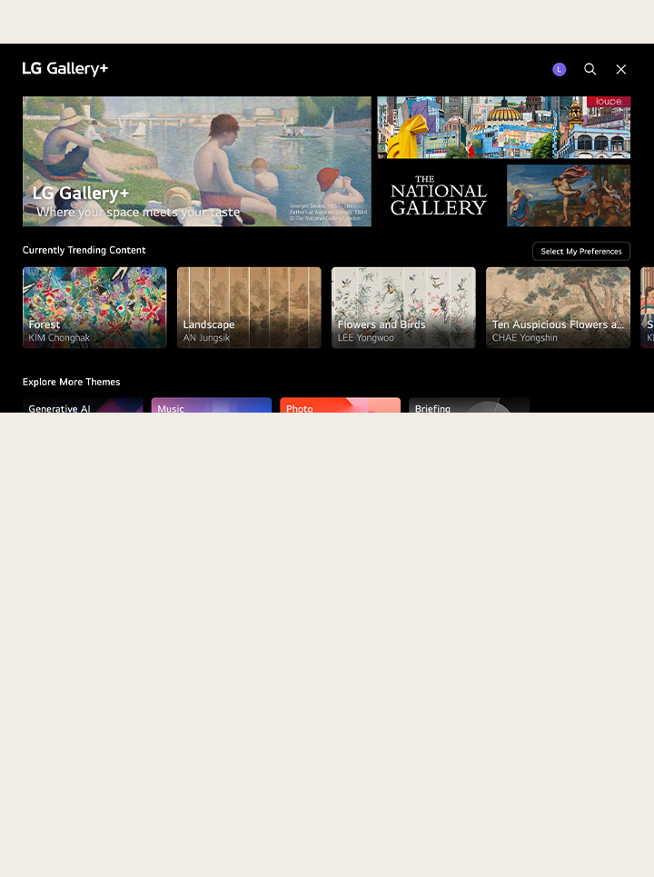 From the home screen of an LG TV, the process of setting your preferences to get auto-curated content is shown. From choosing between different kinds of content to receiving the personalised profile. 	