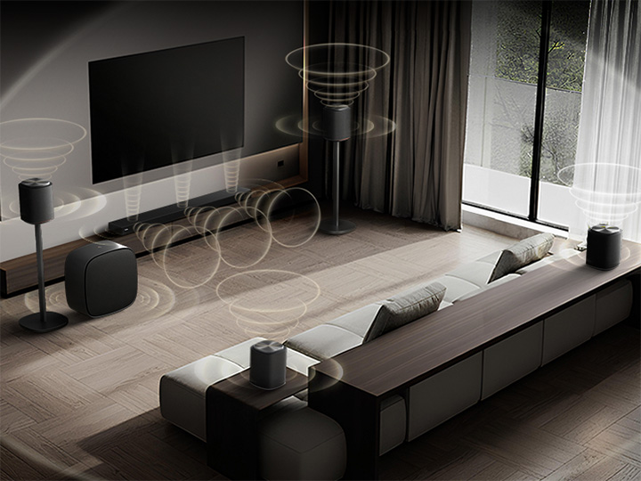 LG OLED evo AI G5 featuring Sound Suite with DAFC (Dolby Atmos FlexConnect) shows a wide room with different kinds of speakers placed around the room showing how flexible and customizable Sound Suite can be.