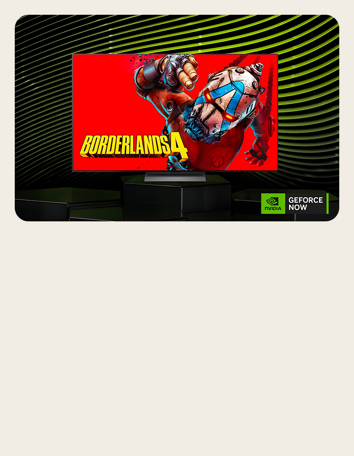 LG TV with a poster of a popular game on its screen. NVIDIA GeForce NOW logo is visible.