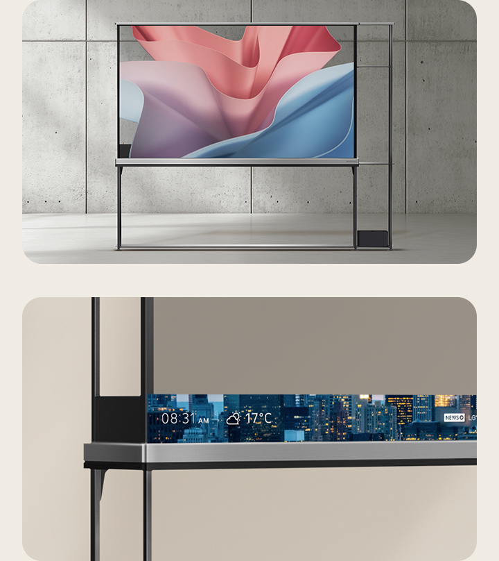 Front view of LG SIGNATURE OLED T displaying an abstract background on a transparent screen. Left corner of a LG SIGNATURE OLED T with the T-Bar showing time and weather against a metropolitan background.