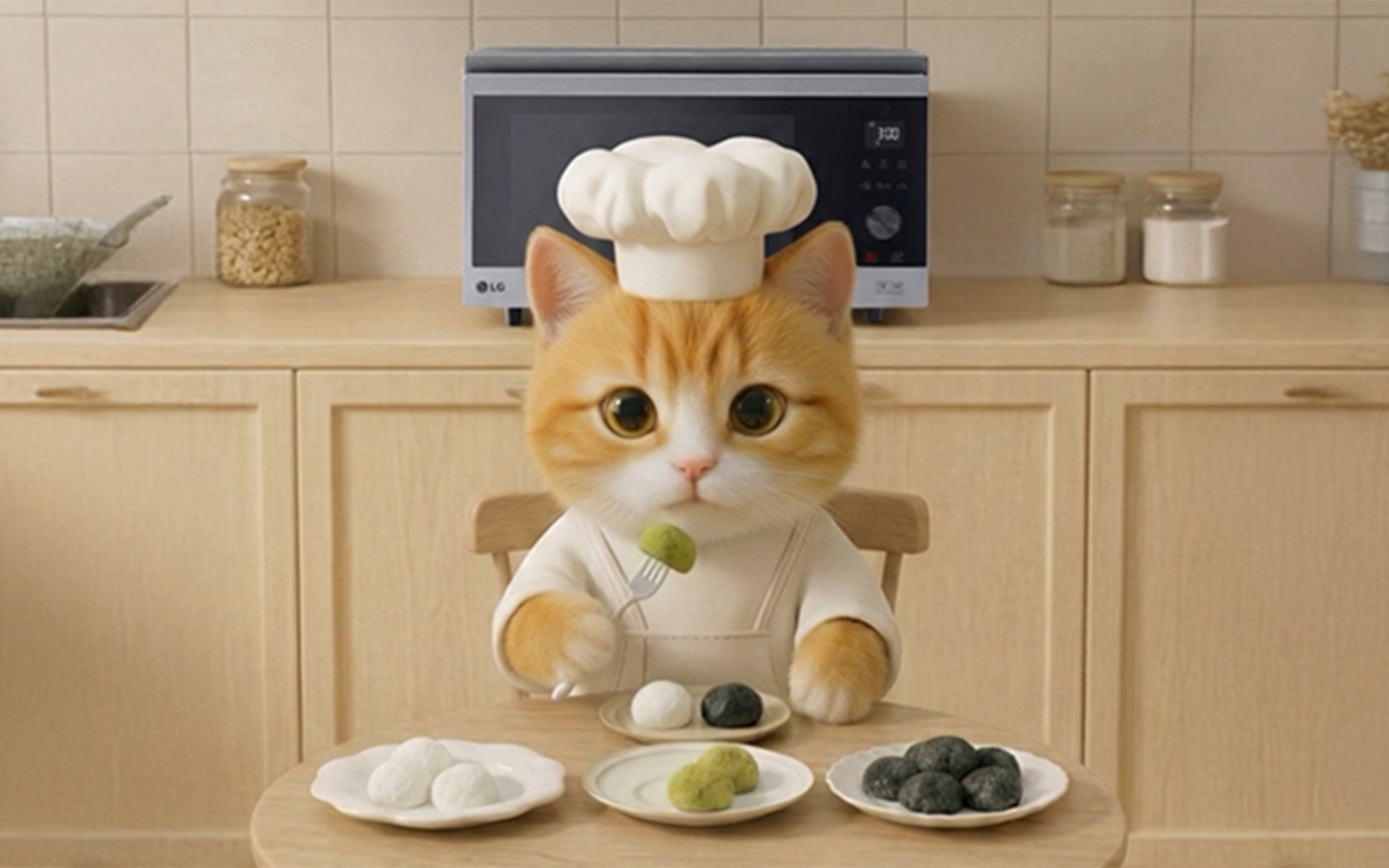 AI image generated cute cat wearing a chef costume, having 3 dishes on a table